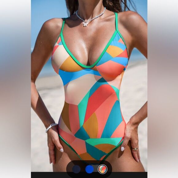 CUPSHE colorful lined one piece swimsuit adjustable straps , strappy back detail - Picture 1 of 8